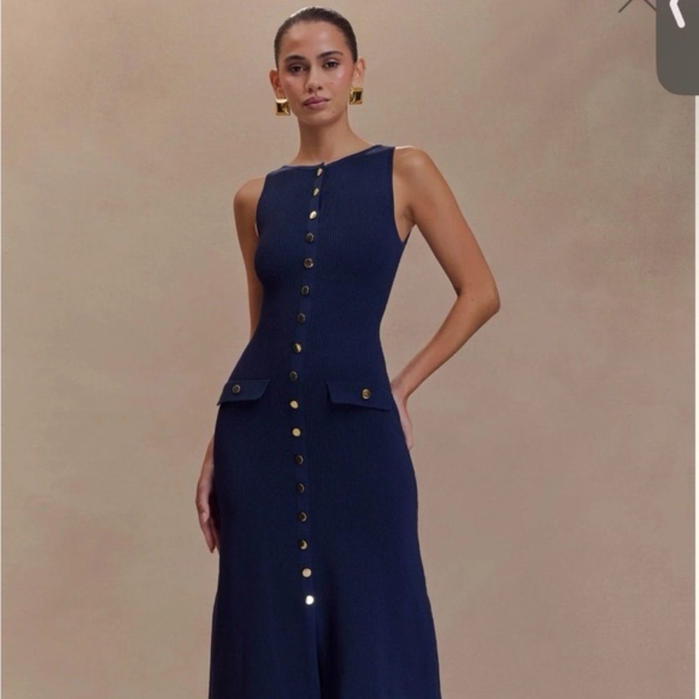 NWOT Meshki Navy Blue Sawyer Sleeveless Knit Dress with Gold Button